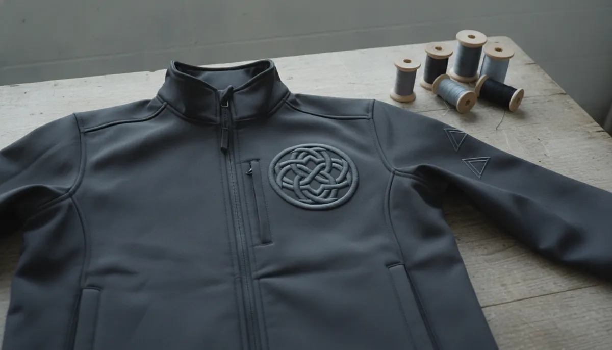 Dunkle Softshelljacke mit erhabenem 3D-Stick auf der Brust und flacher Stickerei am Ärmel auf Werkstatttisch