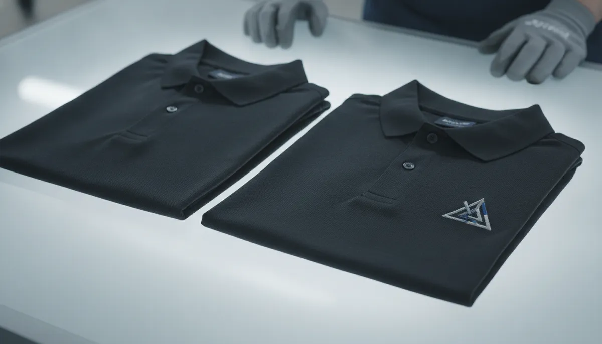 Zwei schwarze Poloshirts nebeneinander, eines ohne Logo, eines mit gesticktem Emblem auf der linken Brust