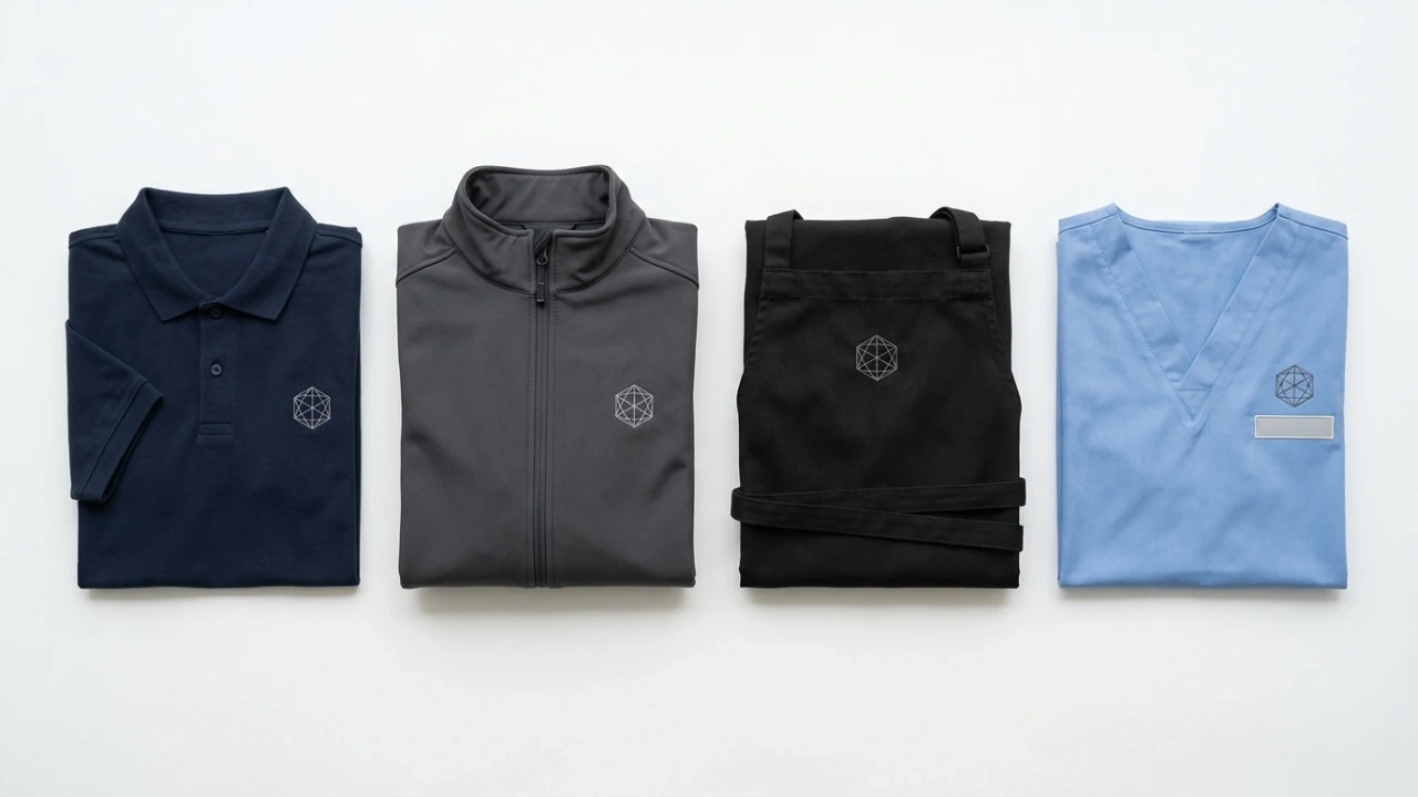 Verschiedene Berufsbekleidungsstücke mit gesticktem Firmenlogo nebeneinander aufgehängt