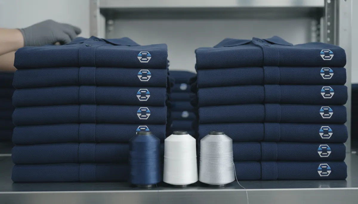 Zwei Stapel identischer dunkelblauer Poloshirts mit gleichem gesticktem Emblem, davor passende Garnrollen