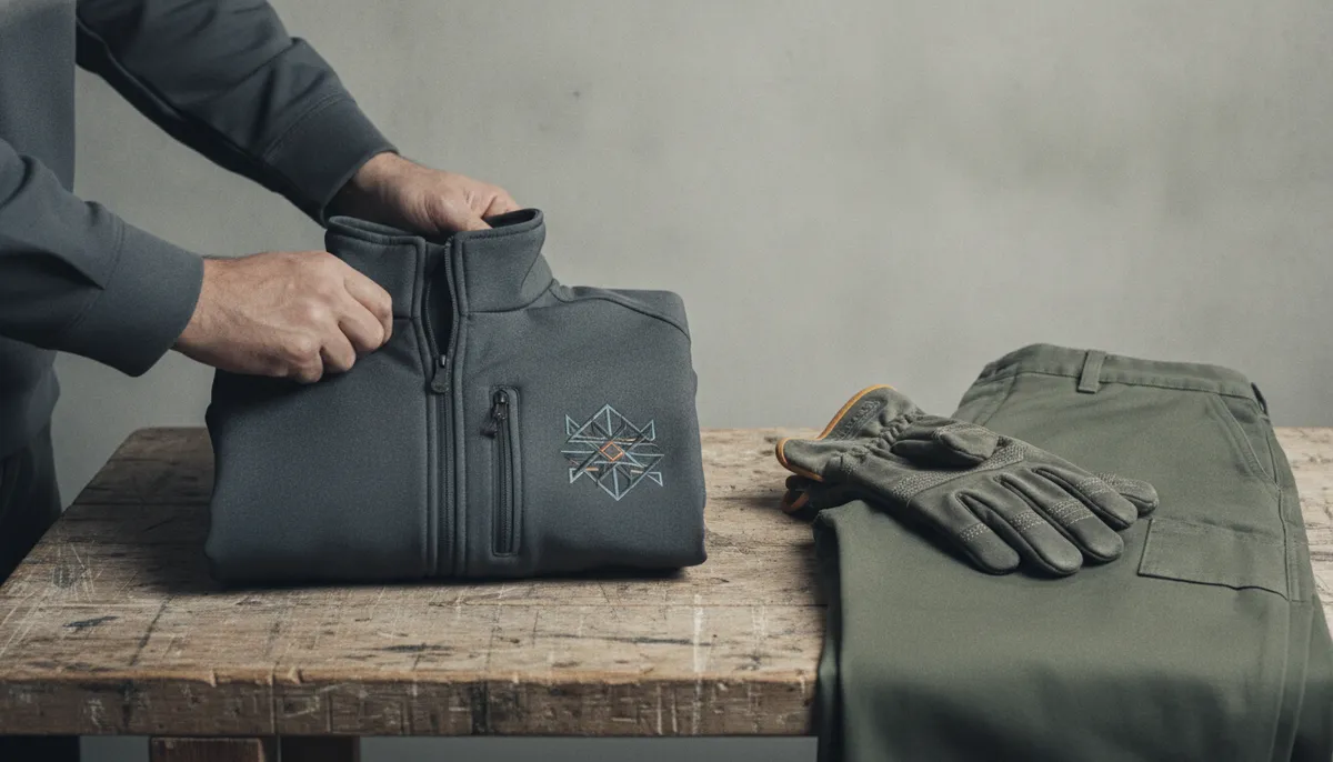 Dunkelgraue Softshell-Arbeitsjacke mit gesticktem Brustlogo auf einer Holzwerkbank neben Arbeitshandschuhen