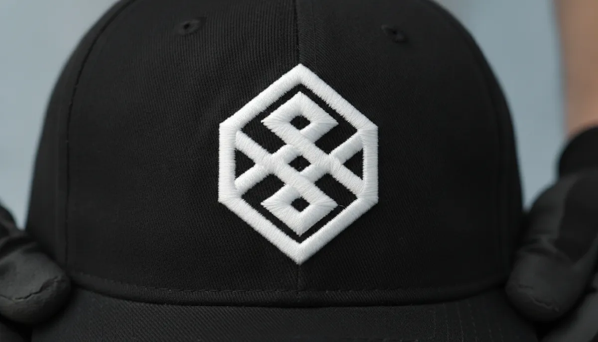 Nahaufnahme einer schwarzen Cap-Front mit erhabener weißer 3D-Puff-Stickerei eines geometrischen Emblems