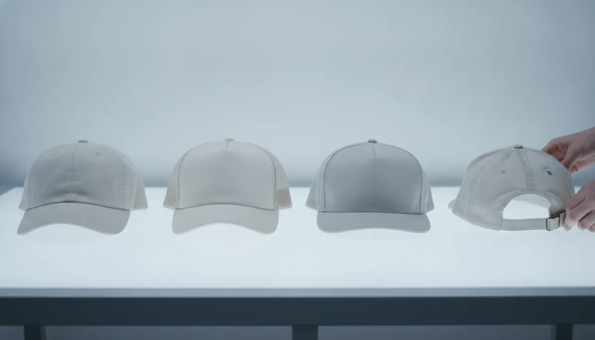 Vier Cap-Typen nebeneinander: Baseball-Cap, Trucker-Cap mit Mesh, Snapback mit flachem Schirm und weiche Dad-Cap