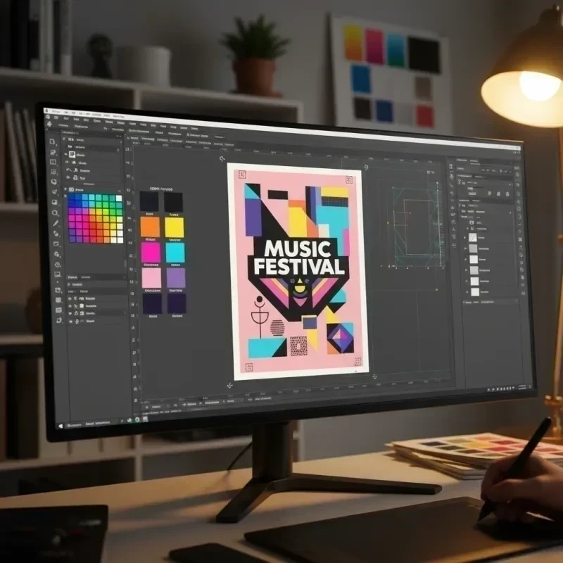 Druckfertige Vektorgrafik auf Bildschirm mit CMYK-Farbführer