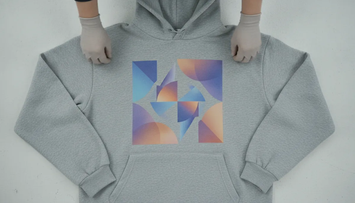 Grauer Hoodie mit vollfarbigem DTF-Druck mit weichen Farbverläufen in abstraktem geometrischem Design
