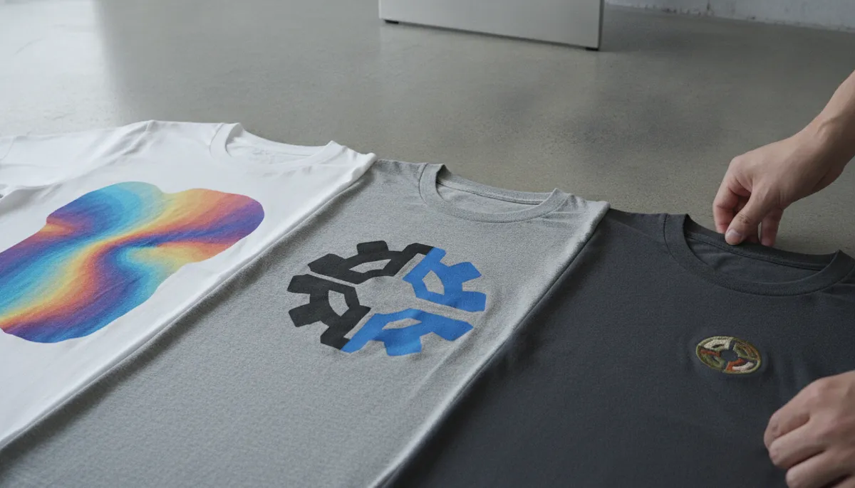 Drei T-Shirts nebeneinander mit farbigem Transferdruck, zweifarbigem Siebdruck und gesticktem Emblem im Vergleich