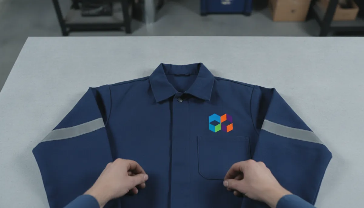 Arbeitsjacke mit vollfarbigem Brustlogo im DTF-Druck und reflektierenden Flex-Streifen an den Ärmeln