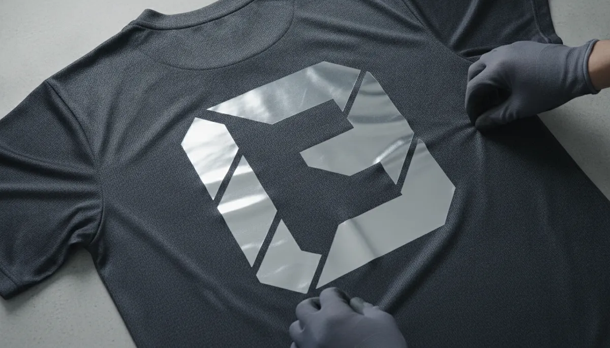 Dunkles Sporttrikot von hinten mit großem, silbern reflektierendem Flexfolien-Motiv auf dem Rücken, flach auf dem Tisch