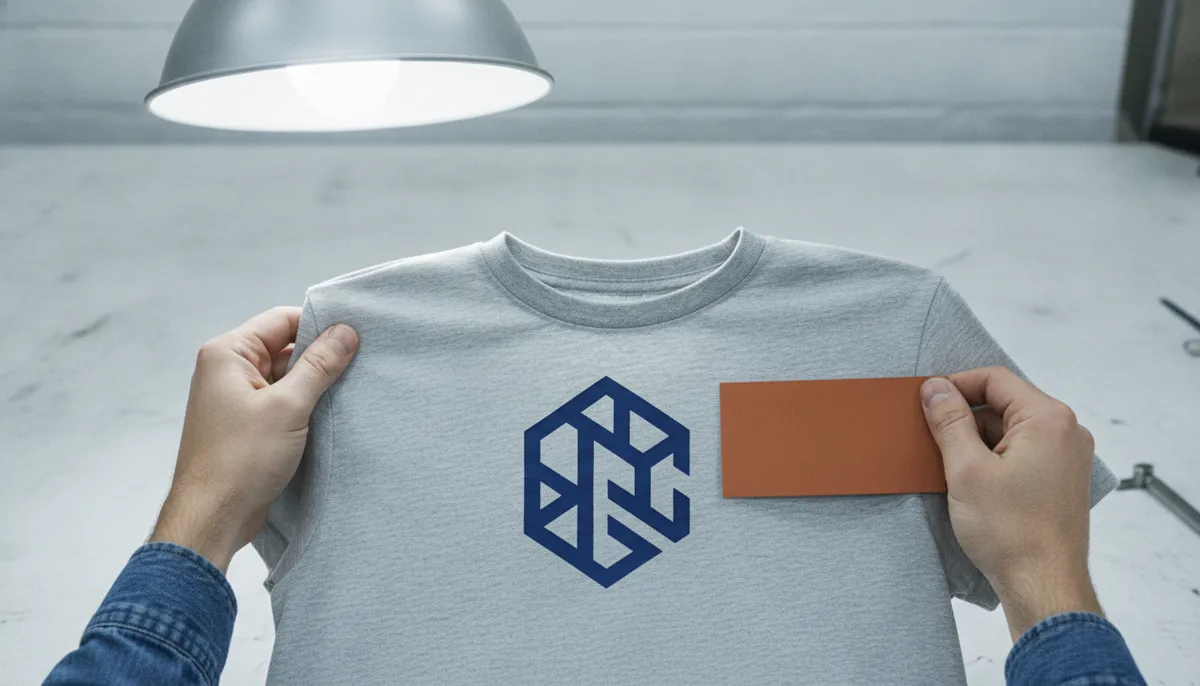 Hände vergleichen einen Farbdruck auf einem Mustertextil mit einer Farbreferenz unter Tageslichtlampe