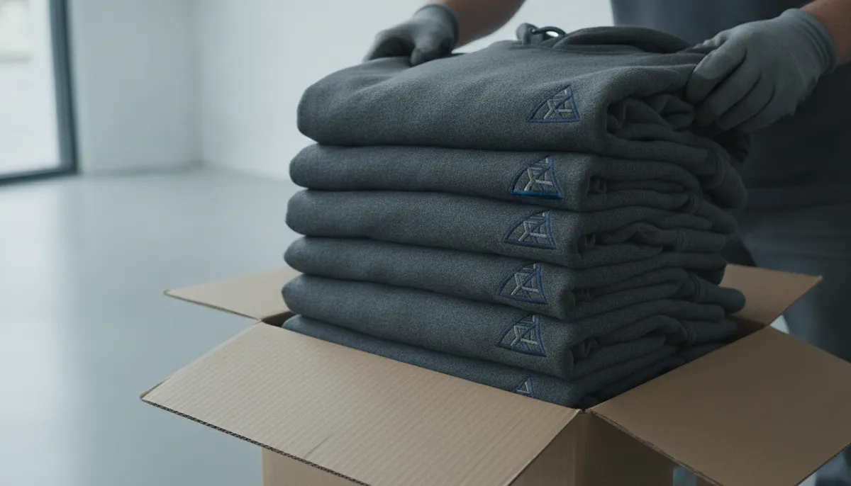 Stapel identisch bestickter Hoodies mit gleichem kleinem Brustlogo in einem geöffneten Versandkarton