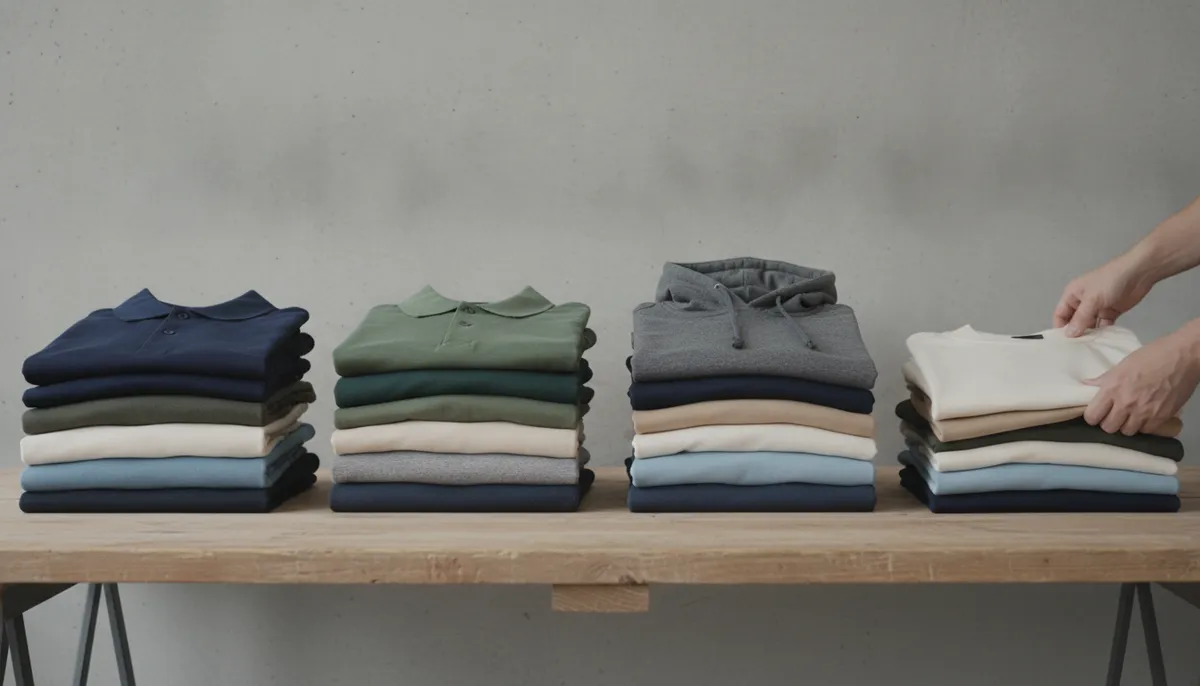 Gefaltete unbedruckte Poloshirts, T-Shirts und Hoodies in mehreren Farben gestapelt auf einem Holztisch
