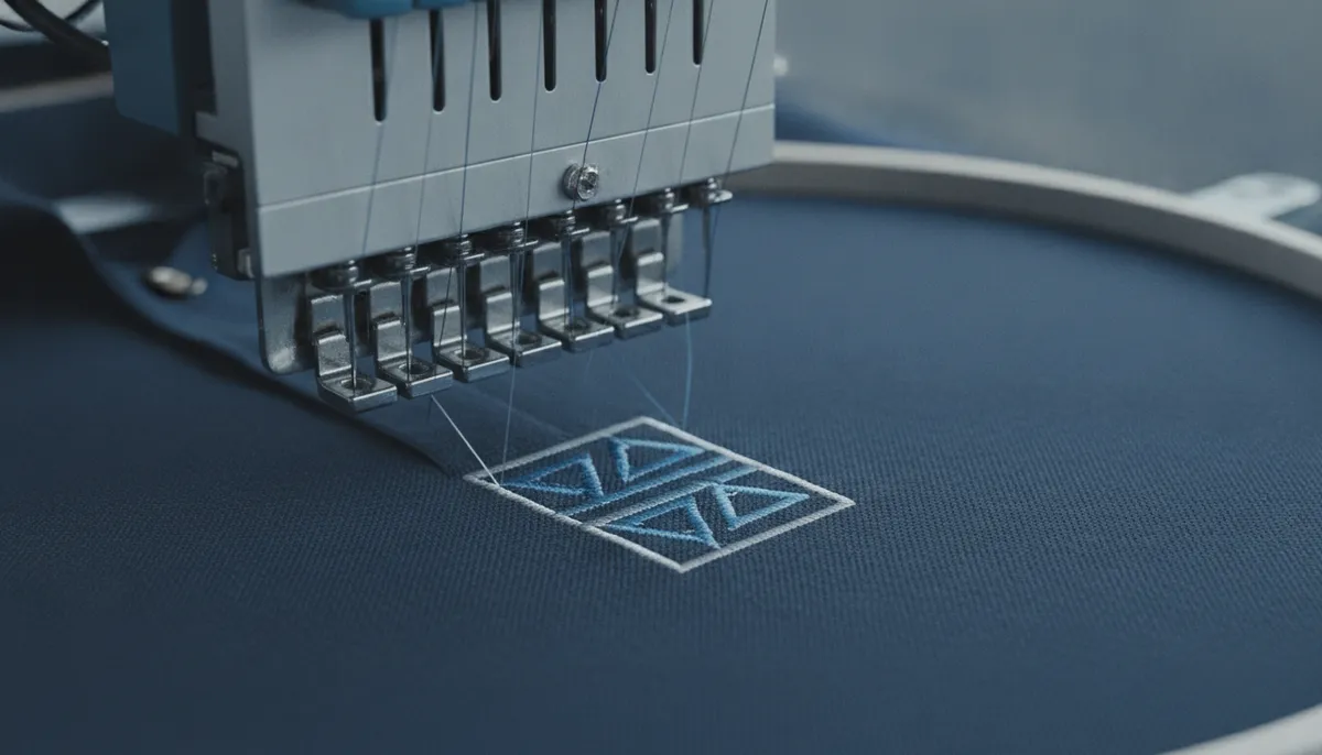 Stickmaschinenkopf stickt ein einfaches geometrisches Logo auf die Brust eines dunkelblauen Poloshirts