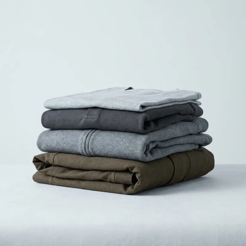Gestapelte Kleidungsstücke verschiedener Gewichte — T-Shirt, Polo, Hoodie, Jacke