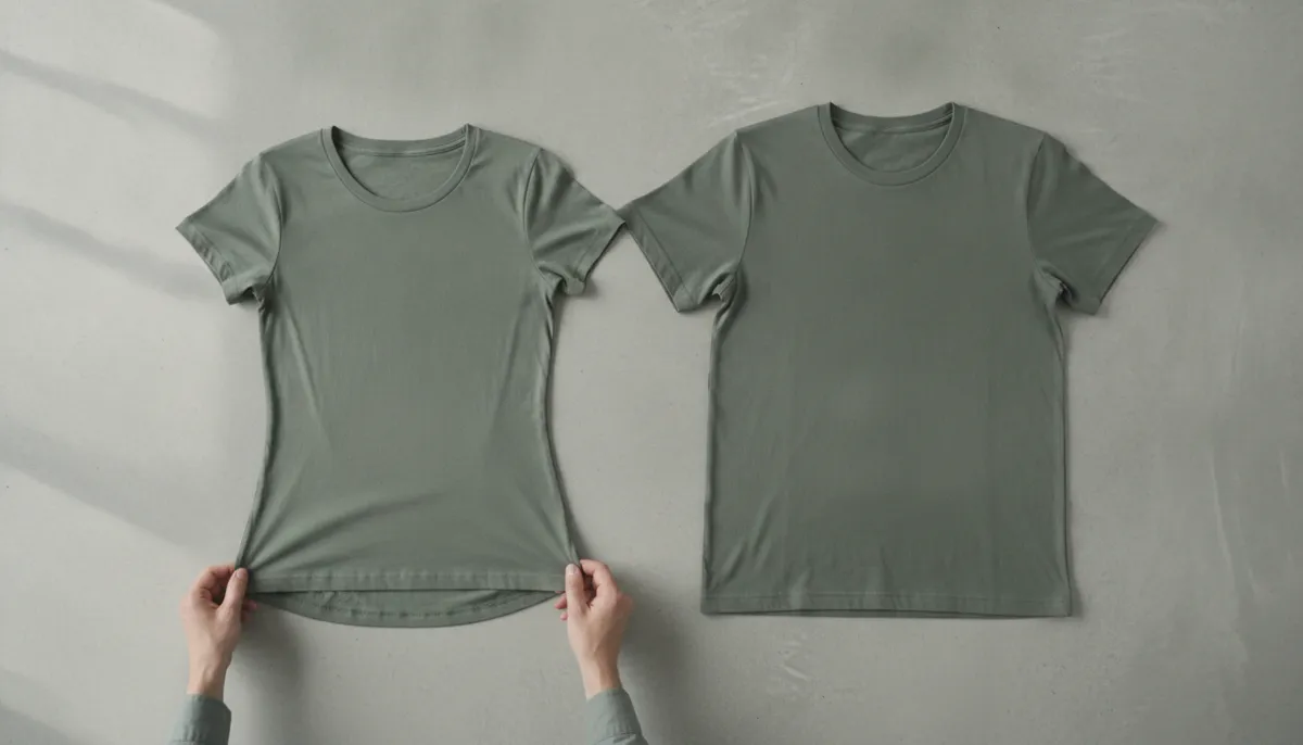 Zwei gleichfarbige T-Shirts nebeneinander, ein taillierter Damenschnitt und ein gerader Herrenschnitt