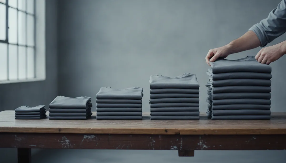 Mehrere Stapel gleichfarbiger T-Shirts in aufsteigenden Größen von klein nach groß auf einem Tisch