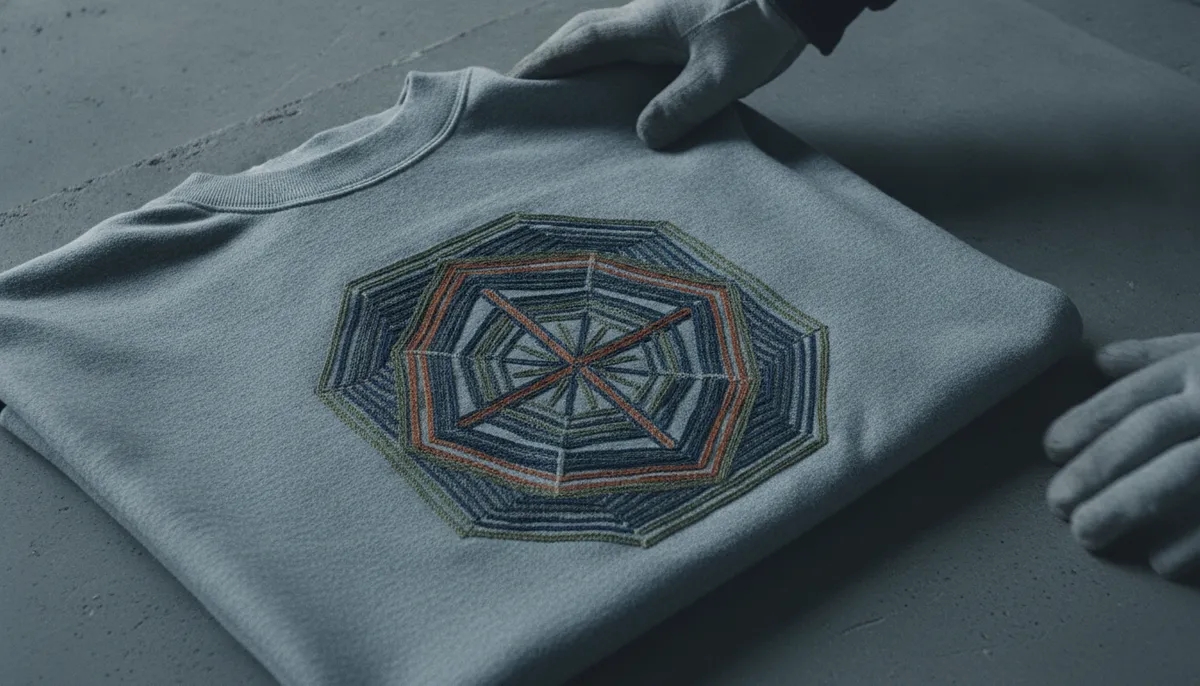Nahaufnahme einer dichten Stickerei mit geometrischem Motiv auf schwerem Sweatshirtstoff