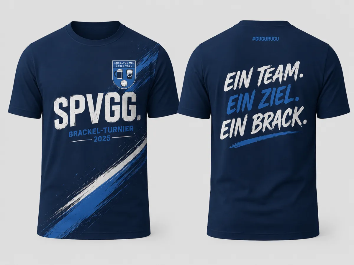 Dunkelblaues Vereinstrikot SpVgg Gugurugu, Vorder- und Rückseite — Front mit Wappen und SPVGG-Schriftzug, Rückseite mit Spruch EIN TEAM EIN ZIEL EIN BRACK (KI-Mockup)
