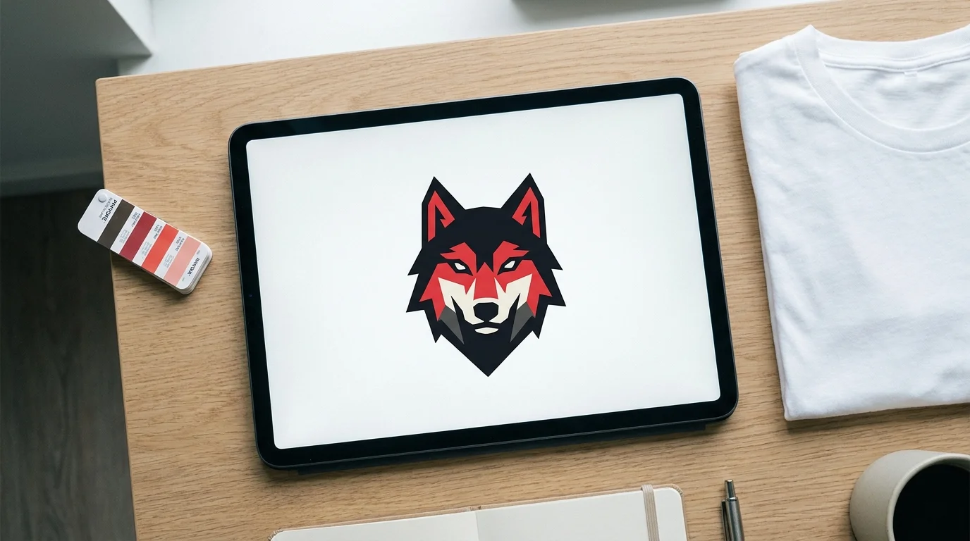 Tablet auf Holz-Desk zeigt flaches Vektor-Wolf-Logo in Schwarz, Rot, Weiß — daneben Pantone-Fächer, gefaltetes weißes T-Shirt, Notizbuch