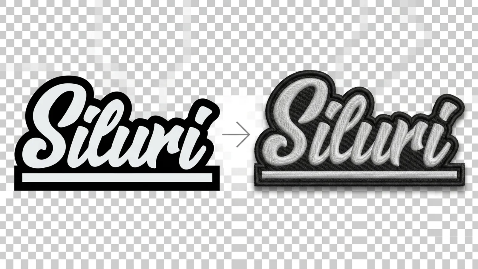 Vorher-Nachher: links das flache Siluri-Logo als Vektorgrafik, rechts derselbe Schriftzug als gestickter Patch mit Satinstichen und Merrowed-Rand, auf Transparenz-Karo