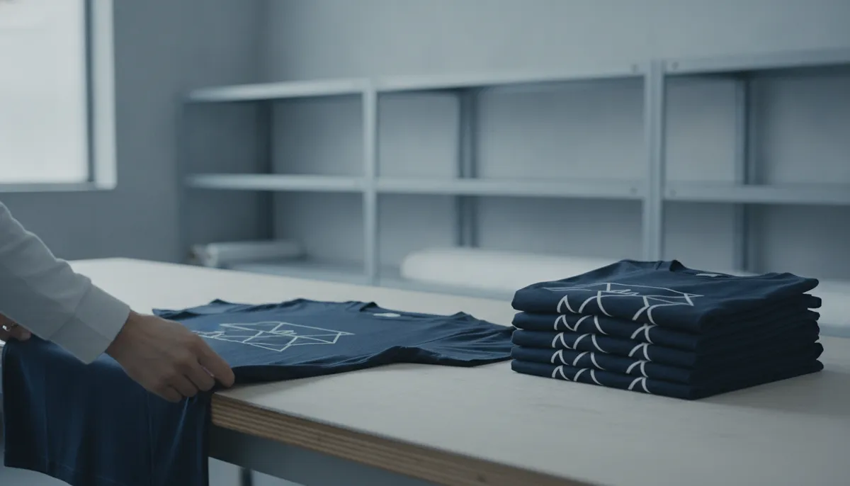 Hände prüfen ein frisch bedrucktes Navy-T-Shirt auf der Werkbank, daneben eine Reihe gefalteter Shirts zur Qualitätskontrolle