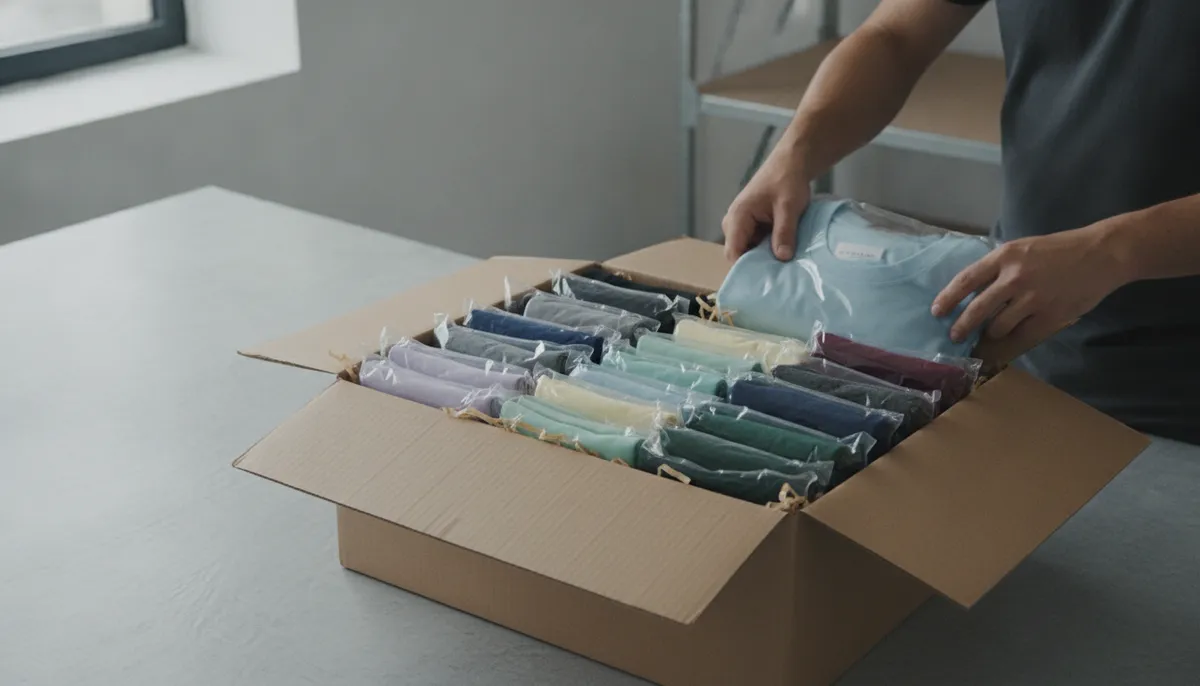 Offener Versandkarton mit gefalteten, einzeln in Polybeutel verpackten T-Shirts auf dem Packtisch
