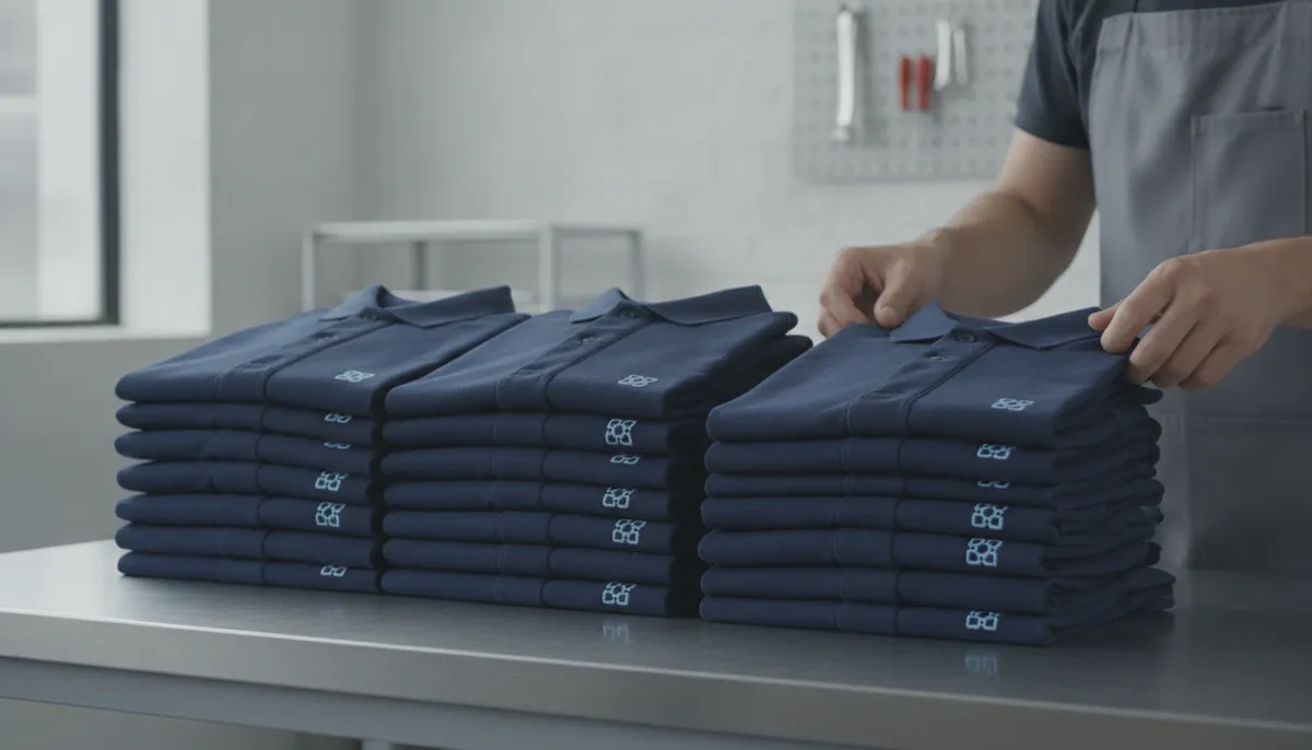 Zwei Stapel gefalteter Navy-Poloshirts, jedes mit identischem gestickten Emblem an derselben Stelle