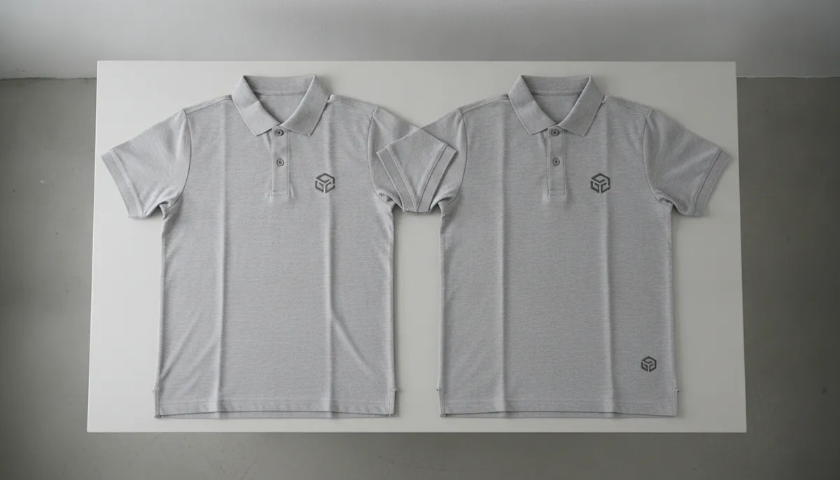 Zwei hellgraue Poloshirts nebeneinander, das rechte trägt zusätzlich zum Brustemblem ein zweites, kleineres Emblem am Saum