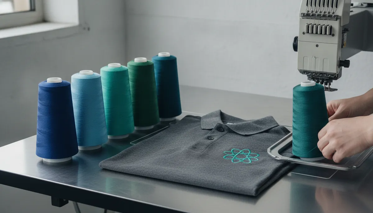 Farblich abgestimmte Stickgarn-Konen neben einem gefalteten Poloshirt mit gesticktem Emblem an der Stickmaschine