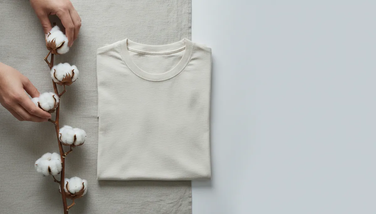 Rohe Baumwollkapseln an Zweigen neben einem gefalteten naturfarbenen T-Shirt aus Bio-Baumwolle