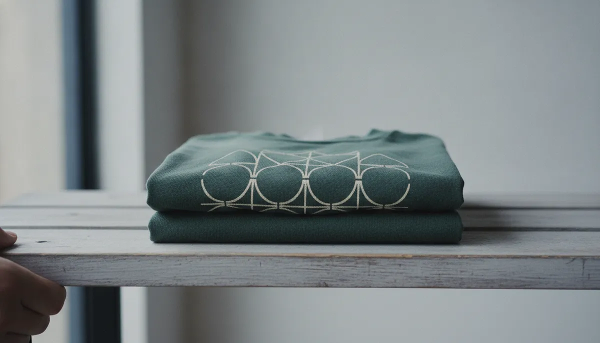 Oft getragenes, leicht verblasstes dunkelgrünes T-Shirt mit weiterhin intaktem Druckmotiv auf Holzregal