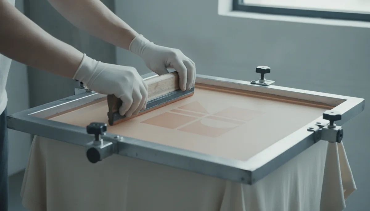 Hände ziehen die Rakel über den Siebdruckrahmen, erdfarbene wasserbasierte Farbe auf hellem T-Shirt