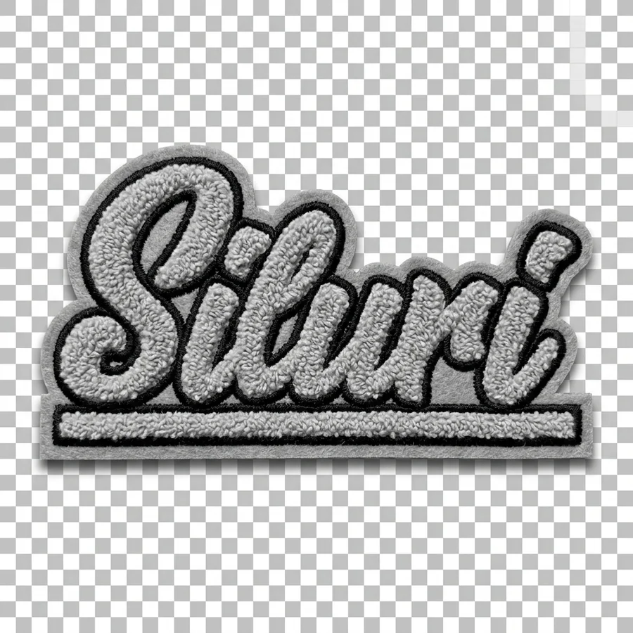 Chenille-Patch mit Siluri-Schriftzug aus flauschigen Garnschlaufen auf grauem Filzgrund, umlaufende gestickte Konturnaht, freigestellt auf Transparenz-Karo