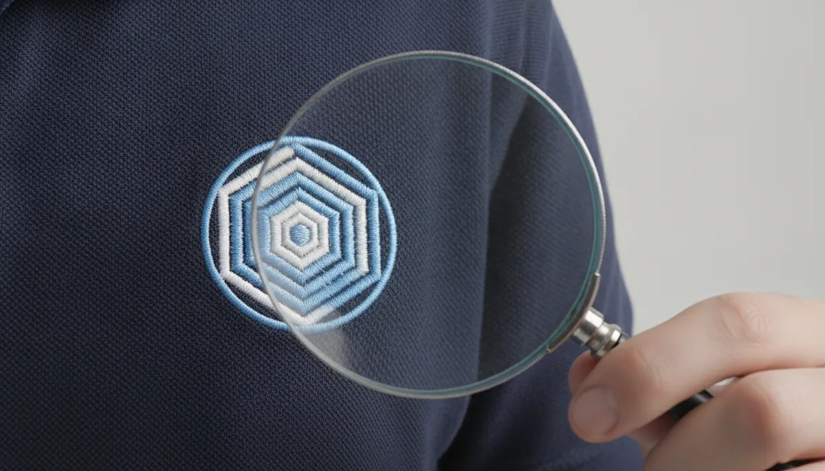 Lupe über einer Stickerei auf einem Poloshirt zur Prüfung von Stichdichte und Kanten