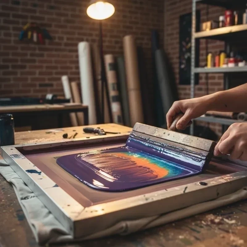 Siebdruck-Rakel zieht Farbe über Siebrahmen