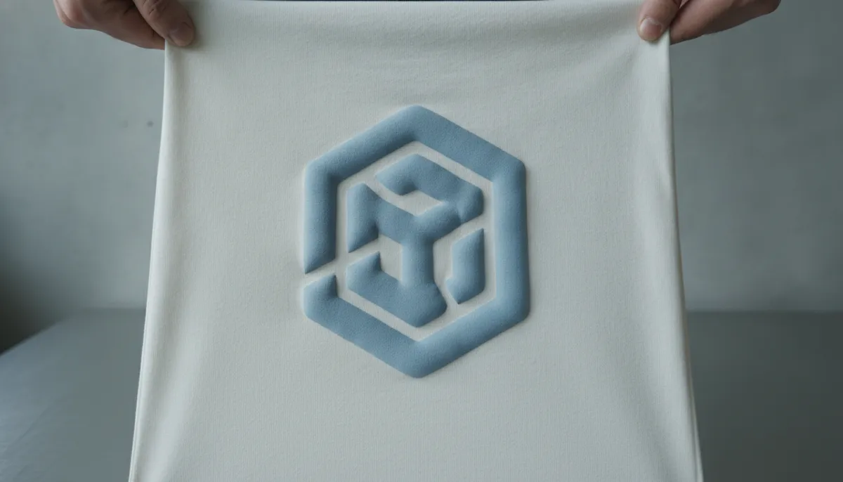 Makroaufnahme eines Puff-Drucks mit erhabener, aufgeschäumter 3D-Oberfläche auf einem T-Shirt