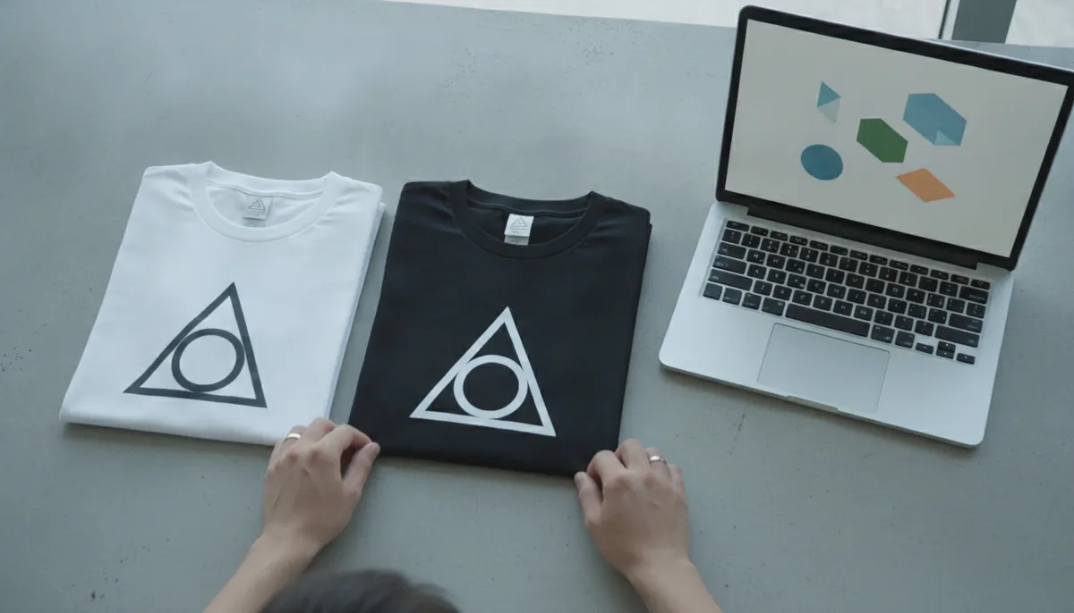 Weißes und schwarzes T-Shirt nebeneinander, jeweils mit abstraktem Emblem in passender Kontrastfarbe auf der Brust