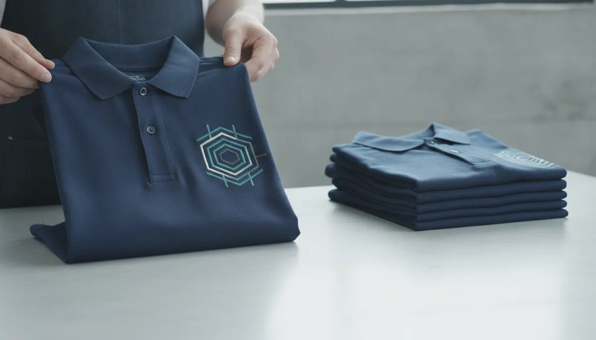 Hände prüfen ein fertiges Muster-Poloshirt mit gesticktem Emblem vor der Freigabe der Serienproduktion