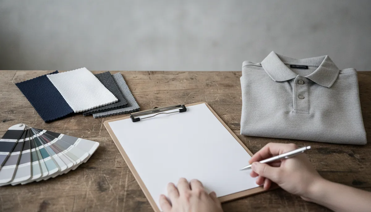 Klemmbrett mit leerer Checkliste neben Stoffmustern, Farbfächer und gefaltetem Poloshirt auf einem Werkstatttisch