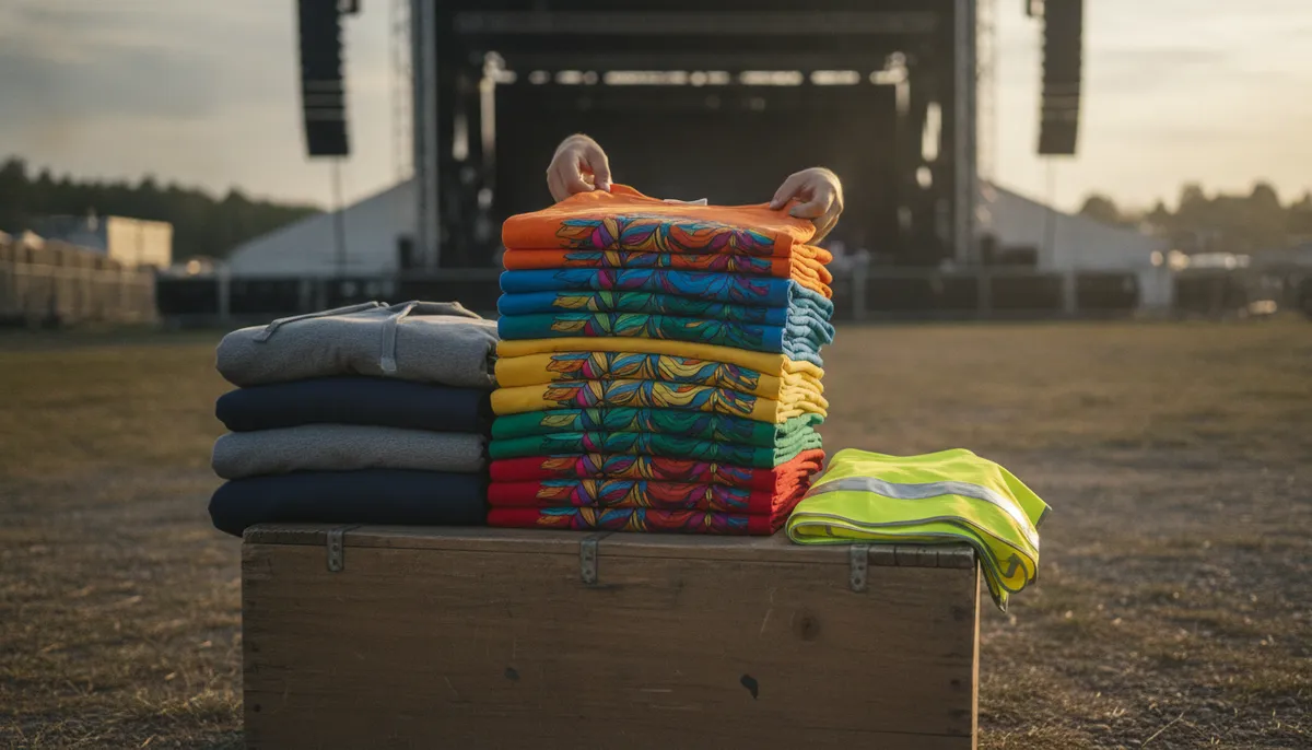 Stapel bunter Crew-Shirts mit farbigem Druckmotiv, daneben Sweatshirts und eine Warnweste auf einer Holzkiste vor der Festivalbühne