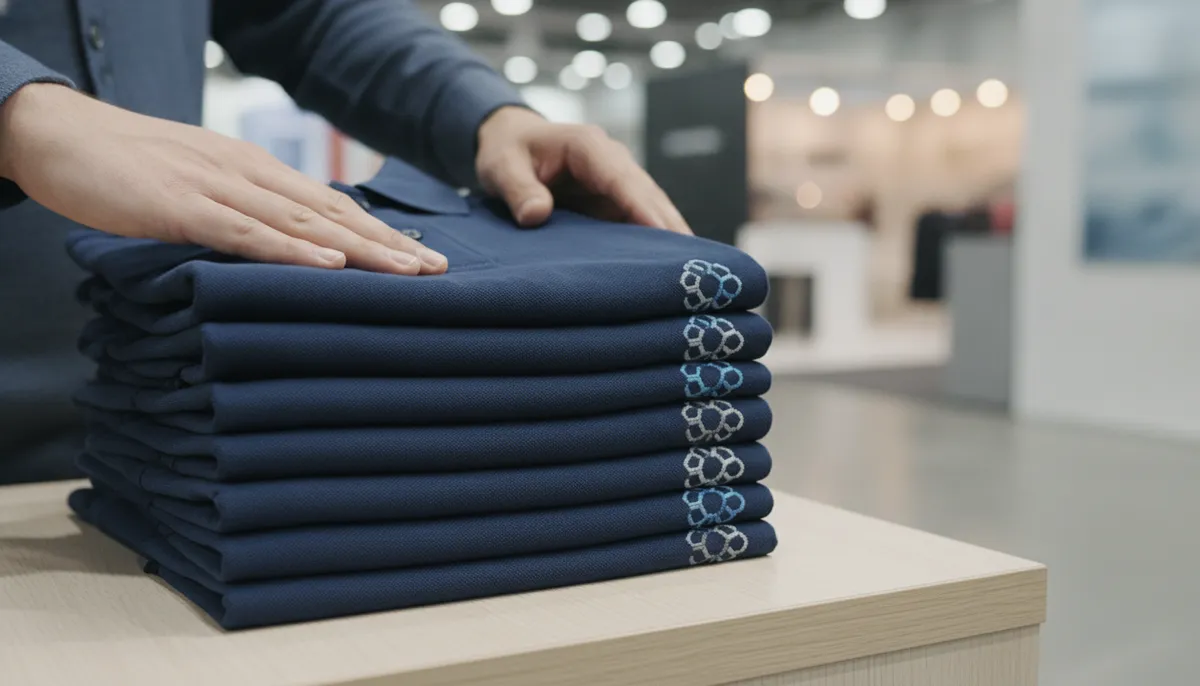 Gestapelte Poloshirts mit gesticktem Brustemblem auf der Theke eines leeren Messestands