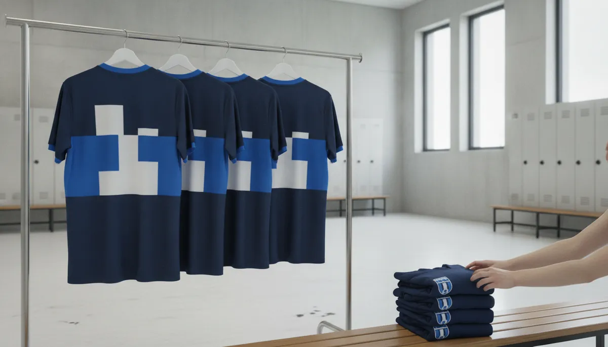 Vier dunkelblaue Mannschaftstrikots mit blau-weißem Blockdesign auf einer Kleiderstange, daneben gefaltete Teamshirts mit Wappen auf der Bank