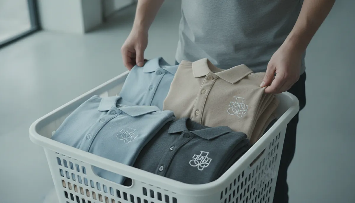 Frisch gewaschene Poloshirts mit intakter Stickerei auf der Brust, gefaltet in einem Wäschekorb