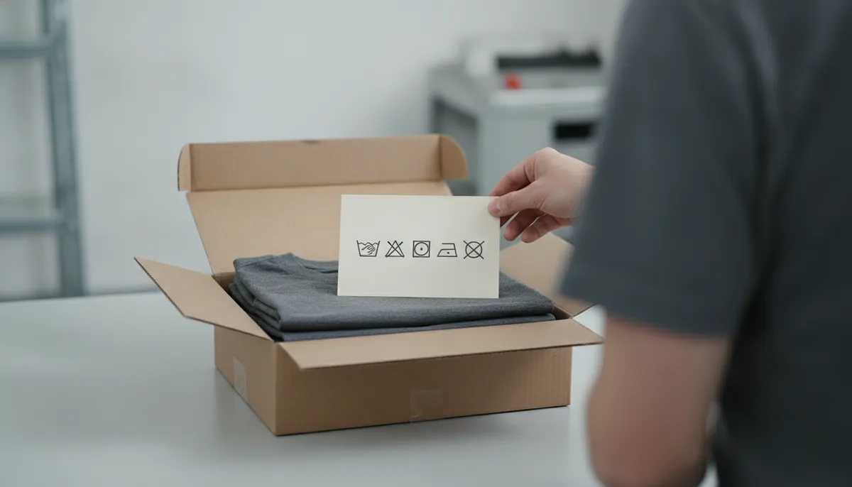 Geöffneter Lieferkarton mit gefalteten Firmenshirts und kleiner Pflegekarte mit Waschsymbolen obenauf