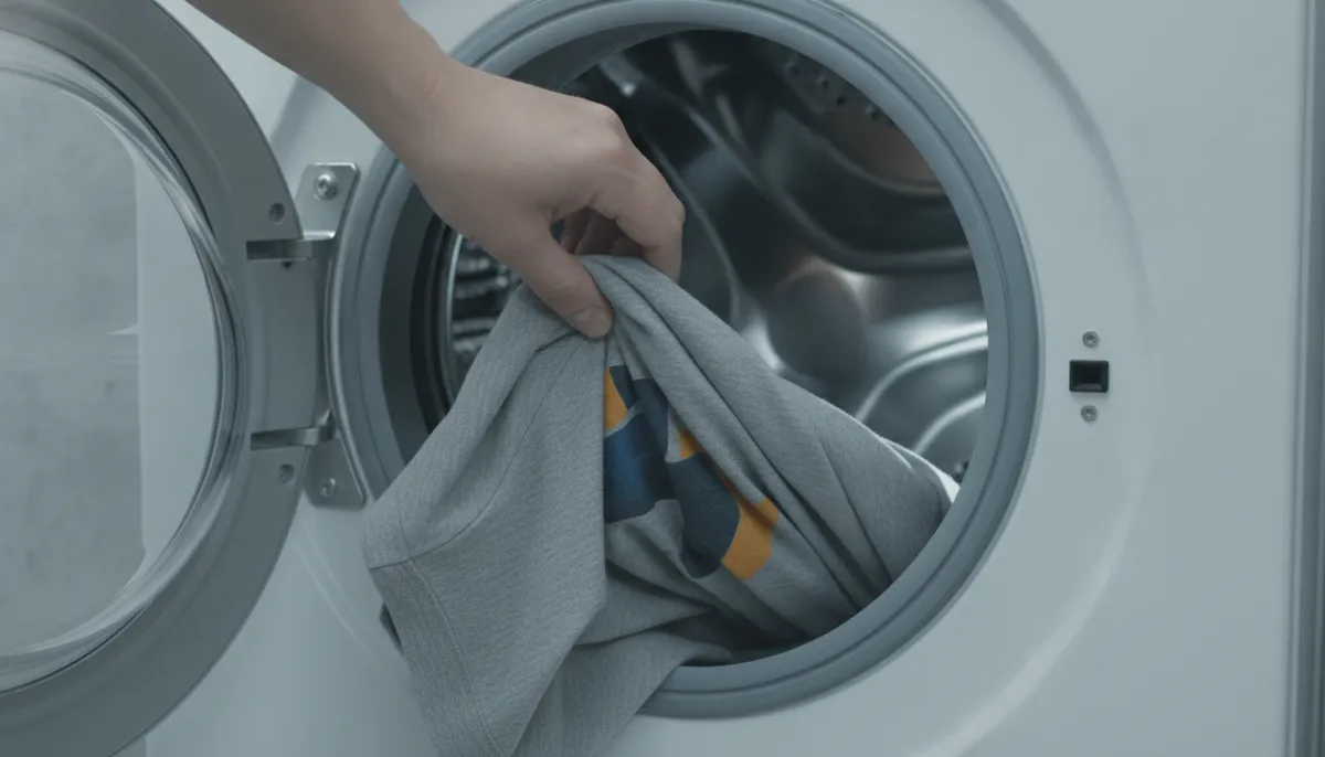 Hand legt ein auf links gedrehtes bedrucktes T-Shirt in die Trommel einer Waschmaschine