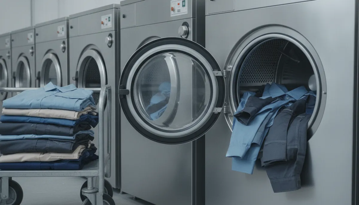 Offene Trommel einer Industriewaschmaschine mit Arbeitskleidung, davor ein Rollwagen mit gefalteter Workwear