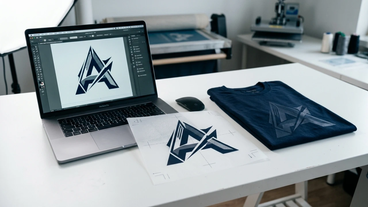 Designer bereitet Druckdaten am Monitor vor — Vektorgrafiken und CMYK-Farbproofs