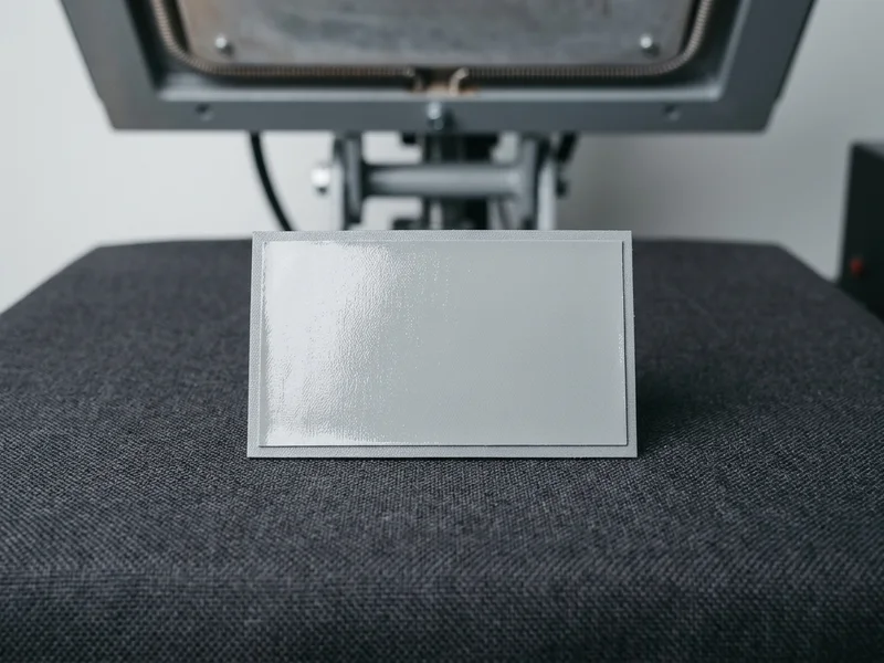Patch mit Schmelzkleber-Rückseite unter der geöffneten Transferpresse