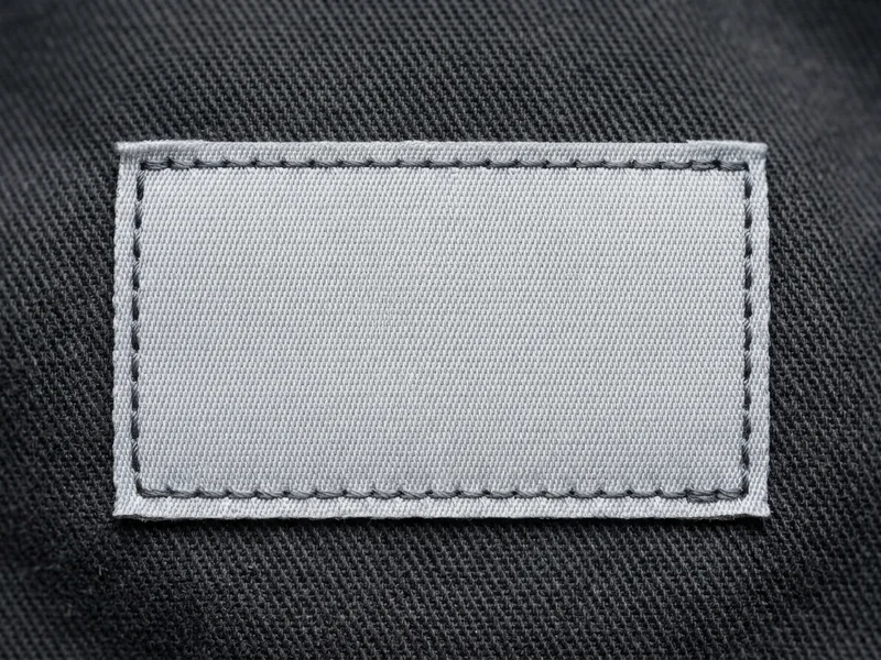 Aufgenähter Patch auf dunklem Textil — umlaufende Ziernaht entlang des Patchrands in Nahaufnahme