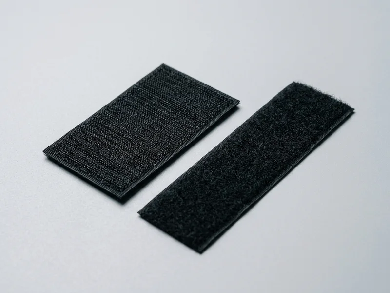 Rückseite eines Patches mit schwarzem Hakenband, daneben das Flauschband-Gegenstück